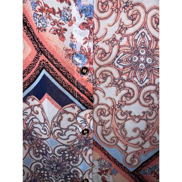 Susan Graver Medium Topper Shirt Tunic Top Vest Chiffon Peach Fuzz Printed Patch - Picture 7 of 13